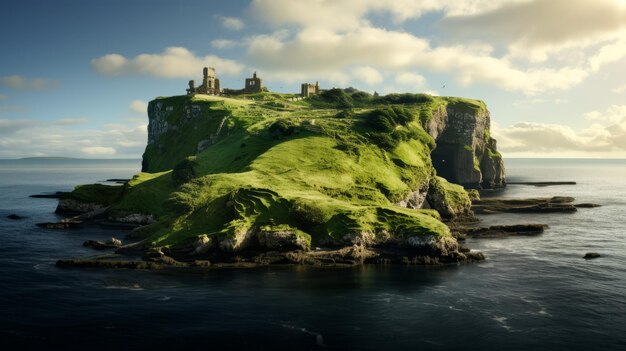 Photo majestic castle on a green island a captivating tiltshift photography masterpiece