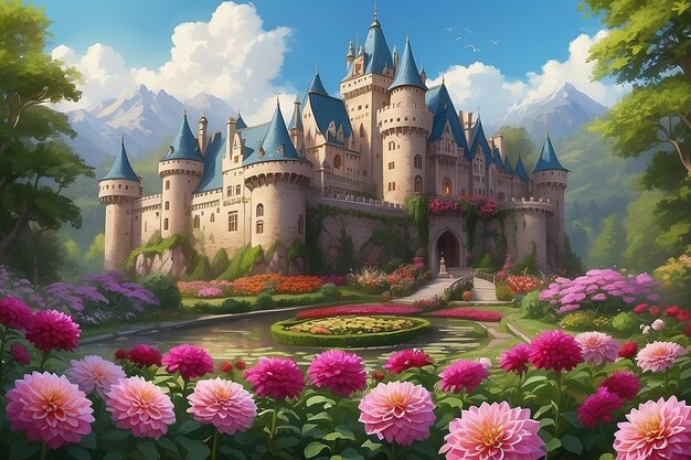 Majestic Castle omringd door Dahlia Gardens Digitale schilderkunst