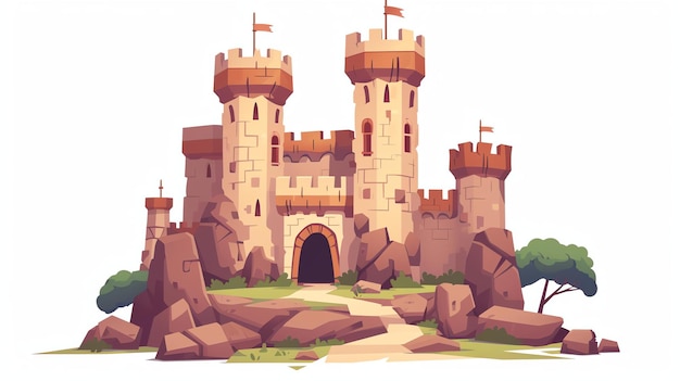 A majestic castle stands tall on a rocky hill The castle is made of gray stone and has two towers