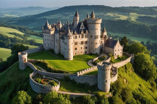 Photo majestic castle surrounded by green hills