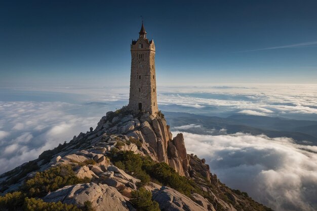 Фото Величественная башня замка над покрытым облаками пейзажем