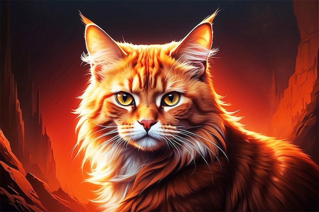 Majestic cat complex background Dramatic light red and orange tones