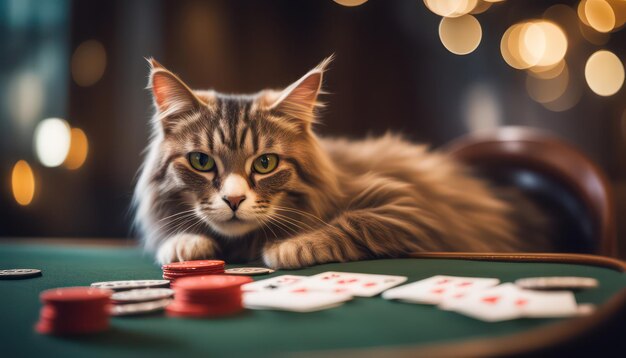 Majestic cat lounging with poker chips and cards