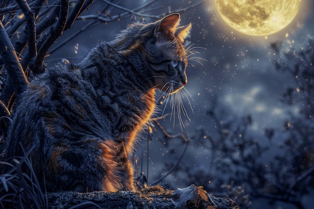 Majestic Cat in Moonlit Night with Sparkling Snowflakes and Winter Wonderland Backdrop