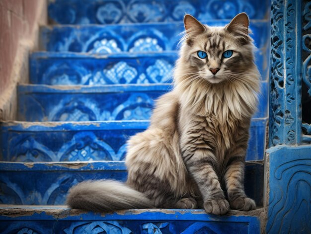 Photo majestic cat with striking blue eyes sitting regally on a staircase