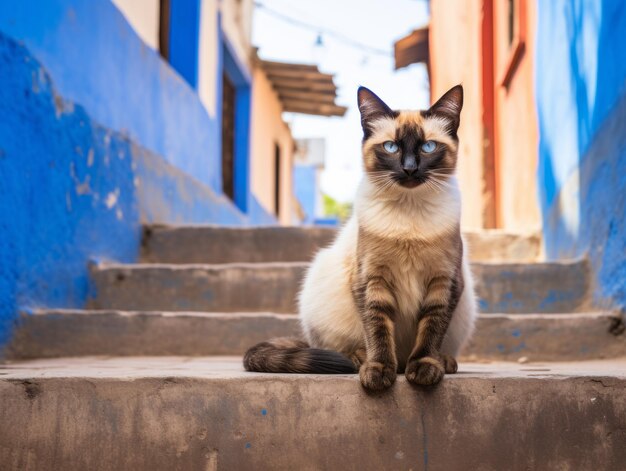 Majestic cat with striking blue eyes sitting regally on a staircase