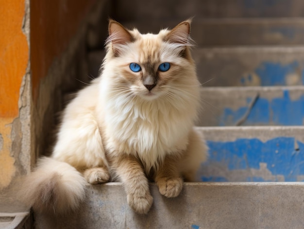 величественный кот с поразительными голубыми глазами царственно сидит на лестнице