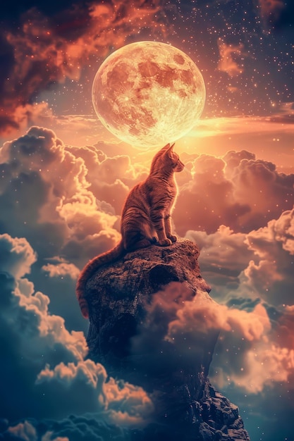 Majestic Cat zit op een klif onder een gigantische volle maan in een dromerige fantasy hemel met levendige wolken