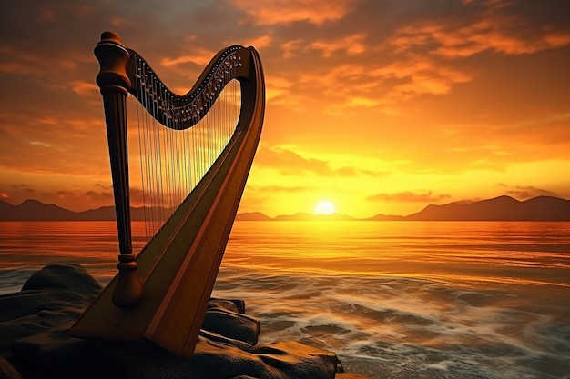 Majestic celtic harp against the backdrop of a beautiful ocean sunset generative ai
