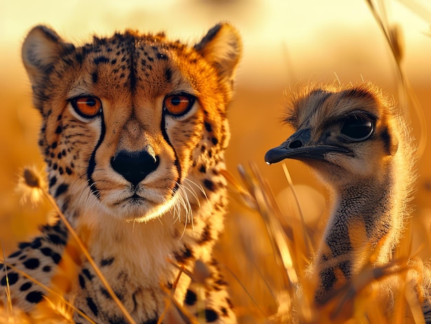 Majestic Cheetah and Curious Ostrich Chick Bonding in Golden Savanna Light at Sunset