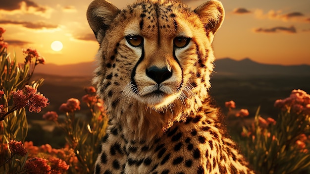 Majestic cheetah staring into the sunset beauty background