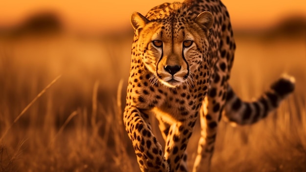 Majestic cheetah walking in the african savannah staring