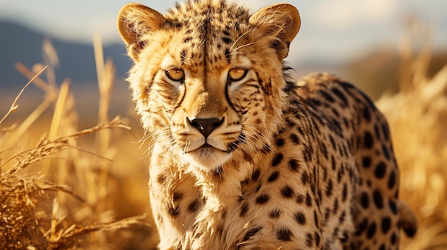 Majestic cheetah walking in African wilderness area background