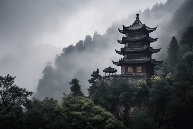 Majestic china pagoda rising above misty mountain range created with generative ai