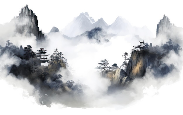 Majestic Chinese mountain peak with an ancient temple shrouded in mist chinese painting illustration