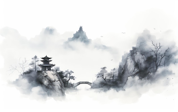 Majestic Chinese mountain peak with an ancient temple shrouded in mist chinese painting illustration