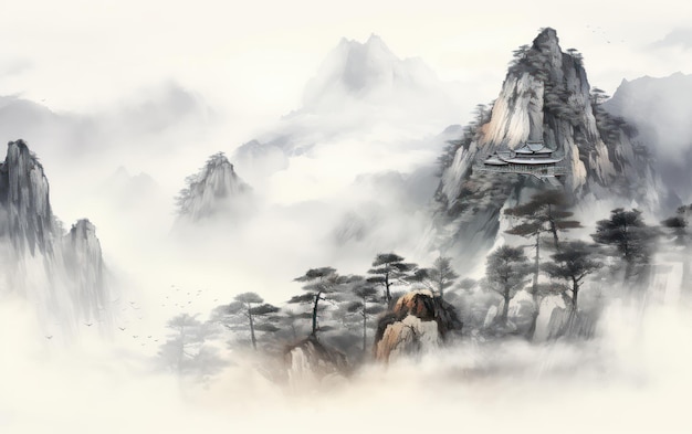 웅장한 중국 산꼭대기, 안개로 뒤인 고대 사원