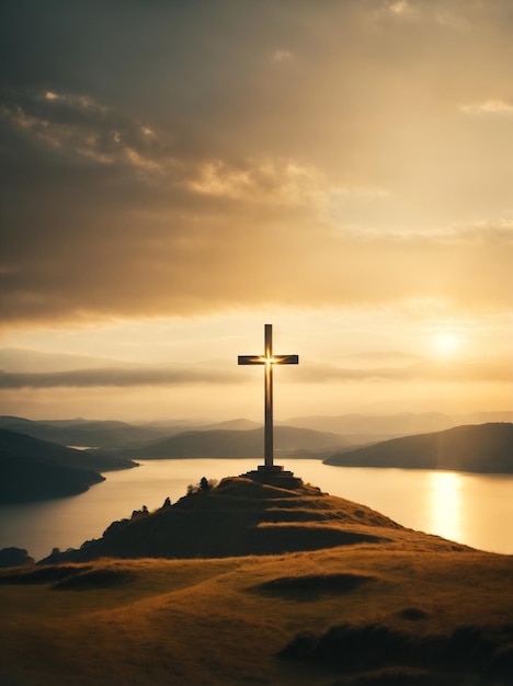 A majestic christian cross standing atop a hill overlooking a tranquil lake