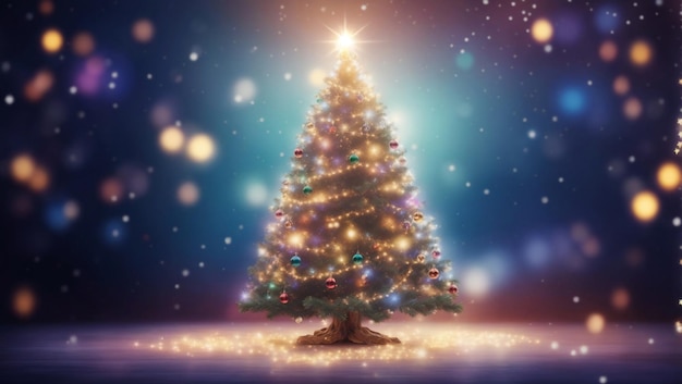 A majestic christmas tree adorned with twinkling baubles and a soft glowing aura of blurred lights