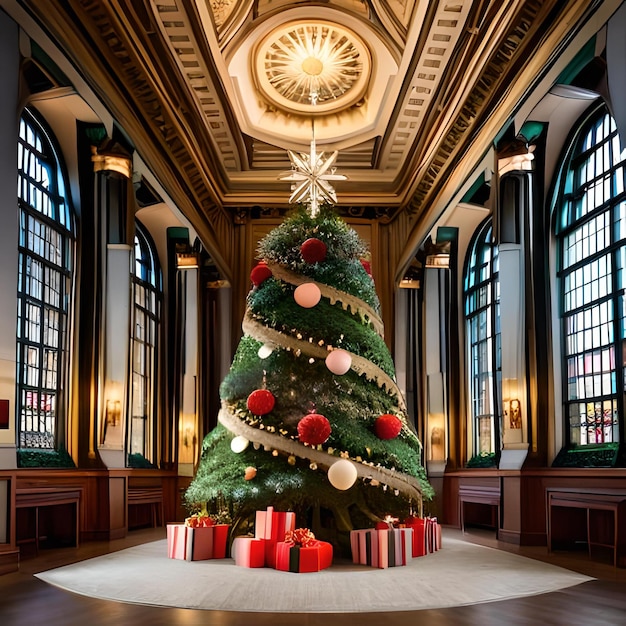 Величественная рождественская елка стоит высоко в красиво украшенной комнате