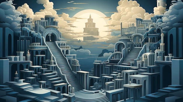 Majestic City of Blue Pillars Een droomland boven de wolken met tijdloze architectuur en mysterie