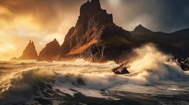 Majestic Clash Waves and Cliffs at Dusk's Embrace