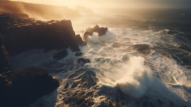 Majestic Clash Waves and Cliffs at Dusk's Embrace