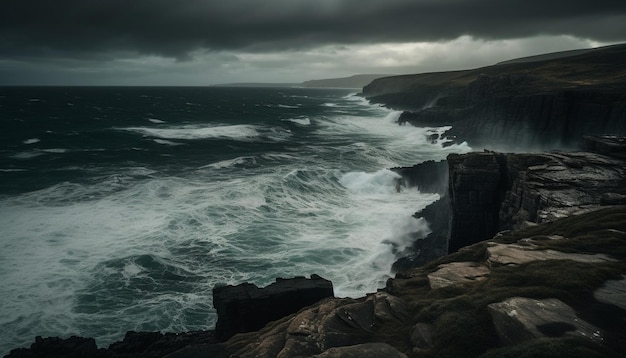 Majestic cliff breaking waves dramatic sky adventure generated by AI