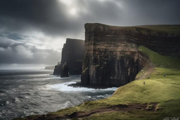 Majestic cliff with natural rock formations and dramatic lighting created with generative ai