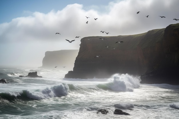 Majestic cliffs with crashing waves and seagulls flying above created with generative ai