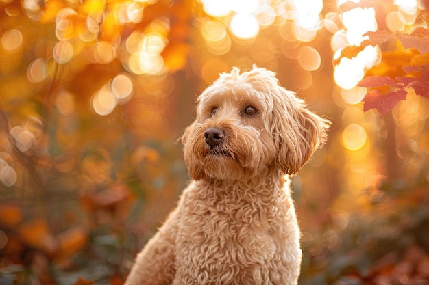 Majestic Cockapoo sitting peacefully in a dense forest landscape