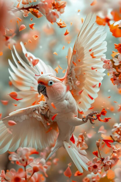 Majestic Cockatoo in Flight Among Vibrant Orange Blossoms Exotic Bird Spreading Wings in Floral