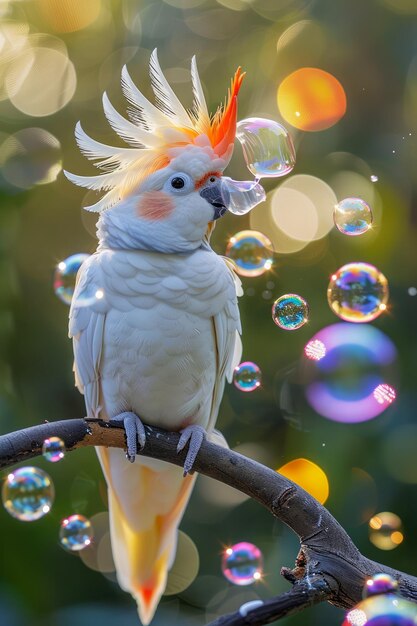 Majestic Cockatoo With Luminous Bubbles on Nature Background Exotic Bird on Perch in Sunlight