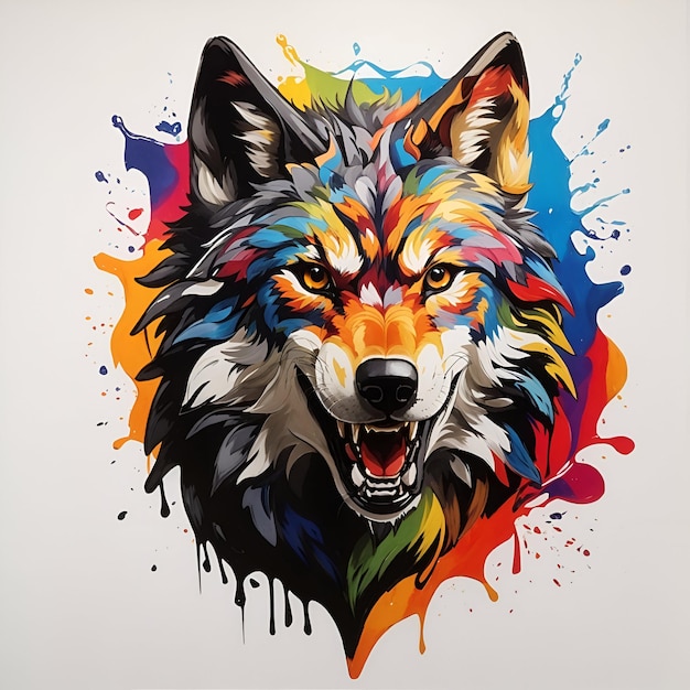 スプラッシュデザインの雄大なカラフルなオオカミの頭のマスコットロゴ