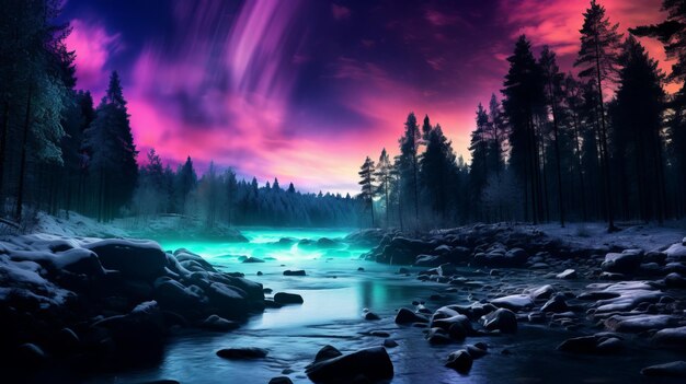 Majestic Colors Aurora Shines upon the Enchanting Swedish Forest and Tannforsen Waterfall in Northe