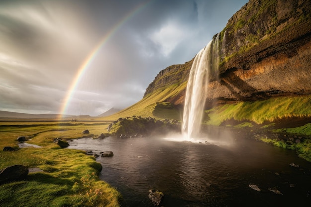 Majestic combination of a waterfall and a vibrant rainbow Generative AI