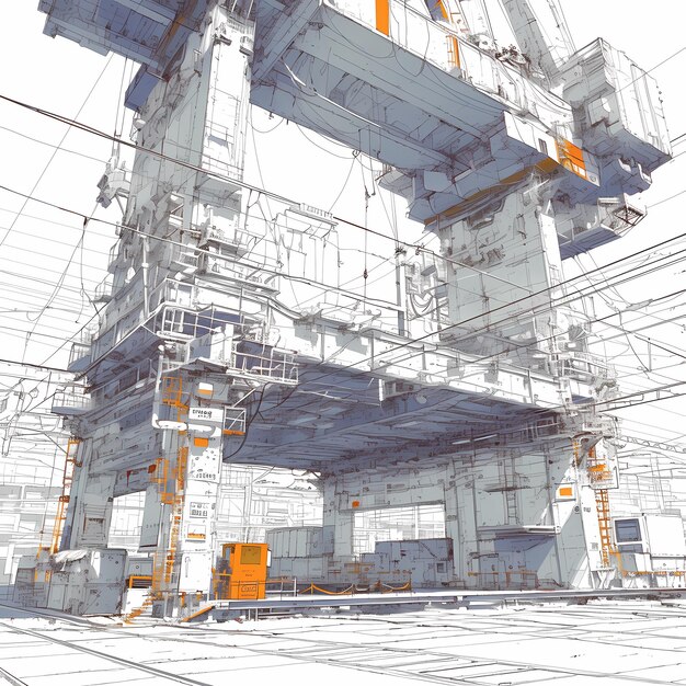 Majestic Construction Crane Monochrome Line Sketch