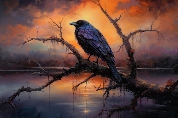 Majestic crow in a twilight setting generative IA