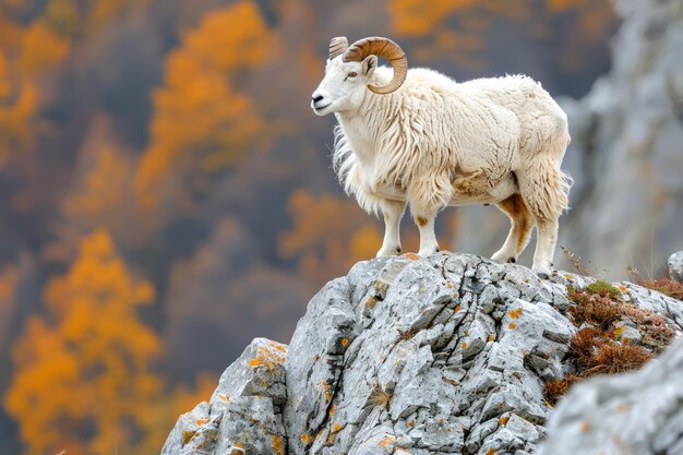 Majestic Dall Sheep Ram Standing on Rocky Cliff with Autumn Colors in Background