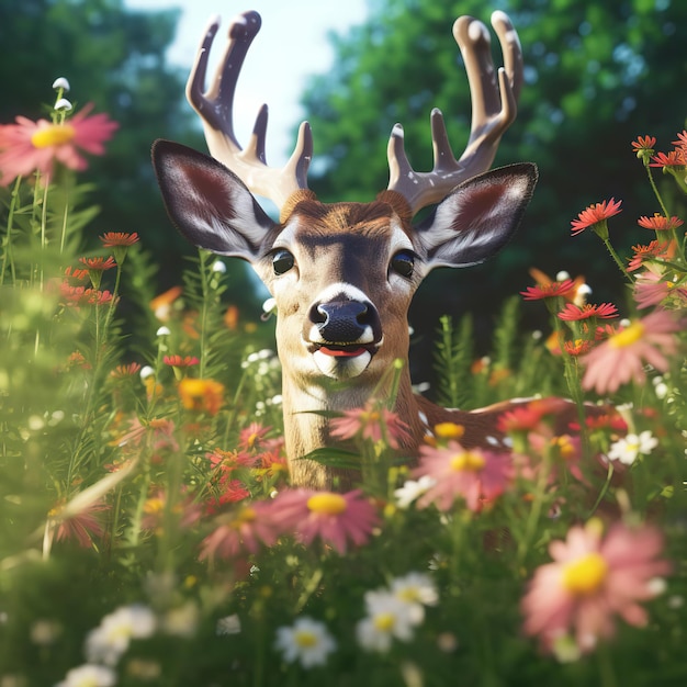 Photo a majestic deer amidst a blooming meadow