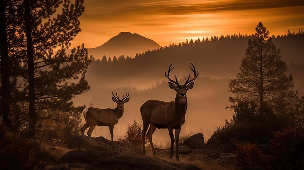 Majestic deer in misty forest at sunrise landscape