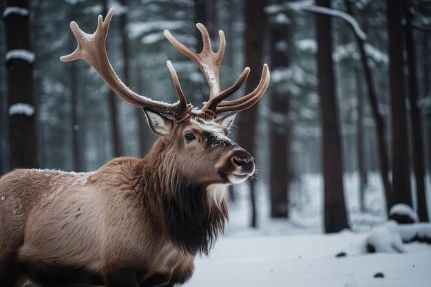 Majestic deer in a snowy winter forest