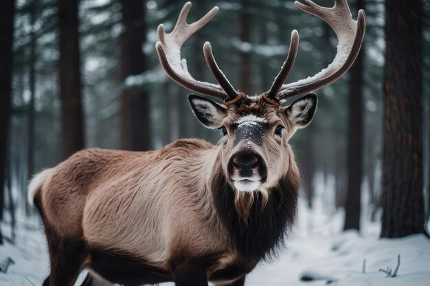 Majestic deer in a snowy winter forest