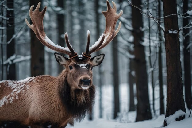 Majestic deer in a snowy winter forest