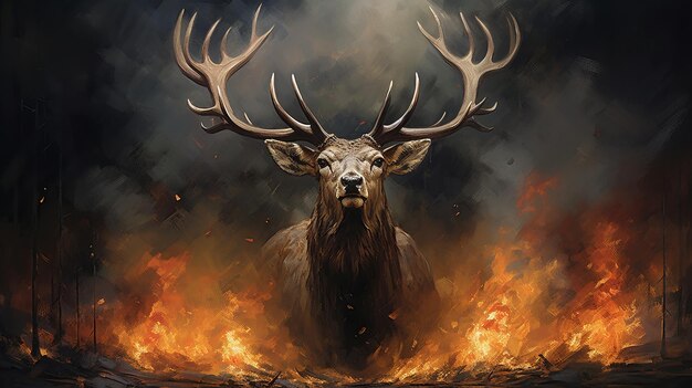 Majestic Deer Stands Fearlessly in Blazing Forest Amidst Flames and Billowing Smoke