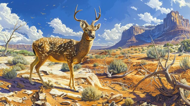 Majestic Deer in a Sunlit Desert Landscape with Dramatic Mountain Backdrop and Blue Skies