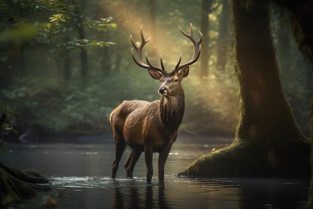 Majestic deer in woods at dusk generative IA