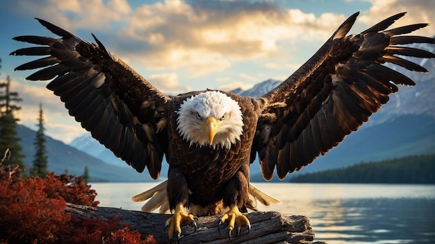 Majestic descent of a bald eagle as it gracefully lands on a sturdy branch overlooking a pristine