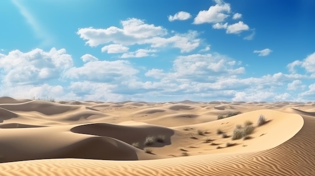 A majestic desert landscape with sand dunes and clouds in the sky Generative ai