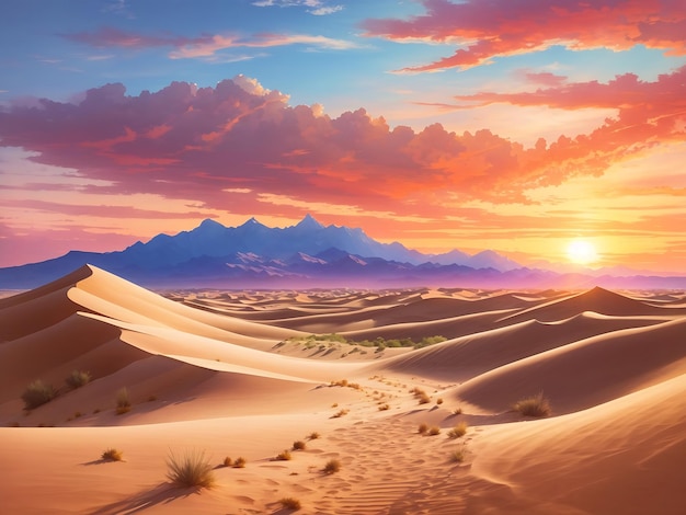 a majestic desert scene with sand dunes stretching into the horizon